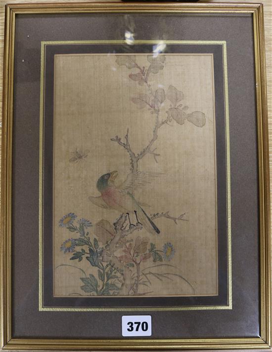 Chinese School, pair of watercolours on silk, birds and flowers, 26 x 17cm and a pair of roundels